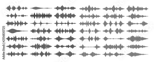 Podcast sound wave vector set. Audio waveform line symbols and voice recording waves for podcasting, music, streaming, radio, audio apps and digital media design
