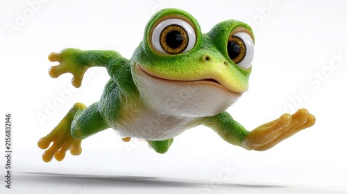 Cartoon Frog in Motion: A whimsical cartoon frog, rendered in vibrant green, leaps dynamically forward with wide, expressive eyes and outstretched limbs, embodying energy and fun.