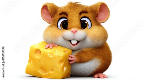 Cute Hamster with Cheese: An adorable, cartoonish hamster with big, expressive eyes and a cheerful smile hugs a block of yellow cheese, embodying delight and simple pleasures.