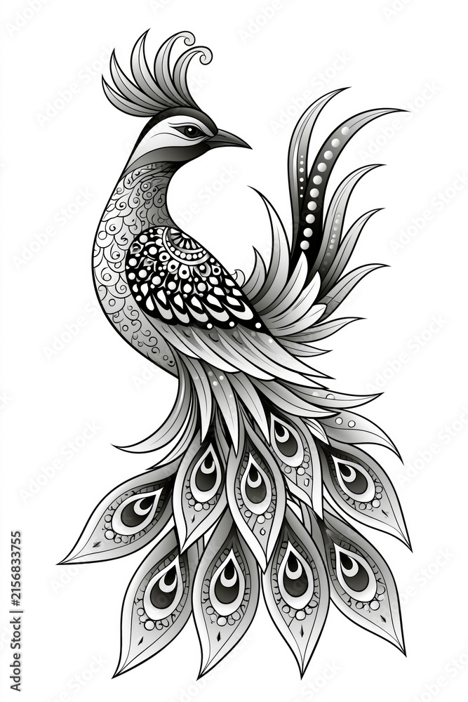 Fototapeta premium Mandala bird coloring page, exotic bird of paradise with elaborate ornamental feathers, symmetrical decorative composition, black and white., with a focus on magnificent aesthetics and quality