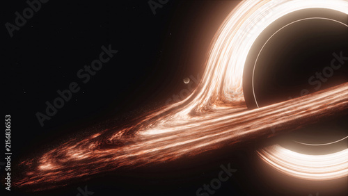 Obraz na płótnie Abstract golden black hole with luminous flowing energy and a bright accretion ring, creating a dramatic futuristic cosmic visualization