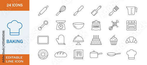 Set of 24 baking and pastry icons, thin line style