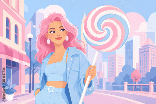 A young woman with vibrant pink hair enjoys a dreamy moment in a pastel cityscape. Digital that portrays a stylized urban scene with a focus on a young woman in the foreground.