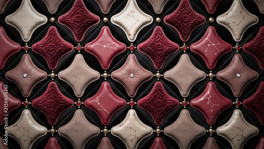 Fototapeta premium Luxury Quilted Wall Texture Featuring Intricate Diamond Pattern with Celestial Constellation Details and Red Velvet Fabric Accents