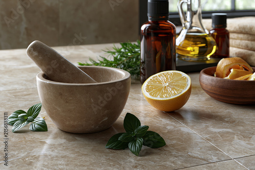 Photo, premium botanical ingredients with citrus peels, herbs and essential oils on travertine, bright natural daylight, no watermark., highlighting the exquisite textures and vivid environment