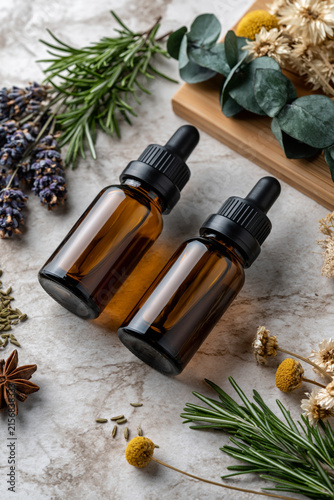 Photo, natural ingredients arranged around blank amber bottles, dried flowers and marble textures, refined commercial photography, no branding., captured with exceptional clarity and vibrant colors