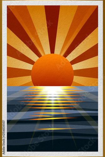 Minimalist poster design, stylized sun and horizon composition using only circles and lines, Scandinavian wall art style, clean negative space., highlighting the exquisite textures and vivid