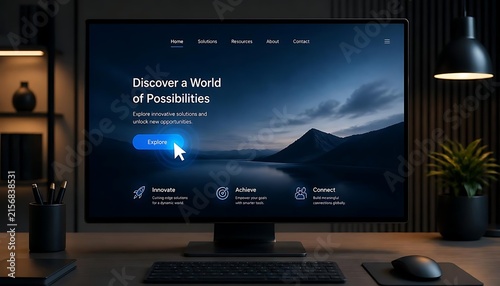 Modern Computer Monitor Displaying Professional Website Landing Page with Mountain Landscape, Digital Interface, Online Business and Web Design Concept