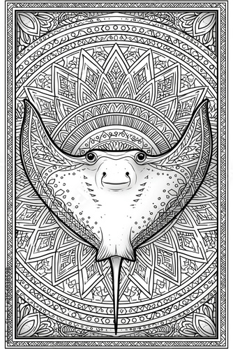 Mandala fish coloring page, majestic stingray with intricate geometric patterns and ornamental mandala background, coloring book illustration., offering a unique and highly detailed perspective