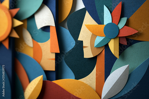 Beautiful and intricate composition showing illustration, abstract paper cut layers forming interconnected human-inspired shapes without visible people, warm pastel palette, contemporary social