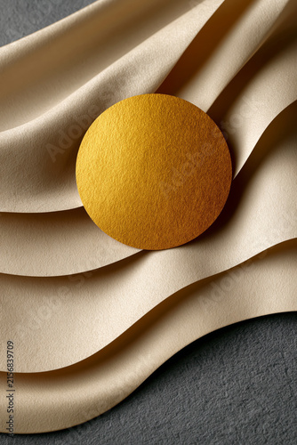 Minimalist poster design, abstract sun represented by a single golden circle over soft beige layers, elegant negative space, contemporary gallery aesthetic, premium editorial style., highlighting the