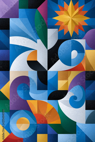 An exquisite and picturesque depiction of illustration, abstract mosaic composition with diverse shapes forming a harmonious whole, symbolizing social cohesion, premium visual storytelling.