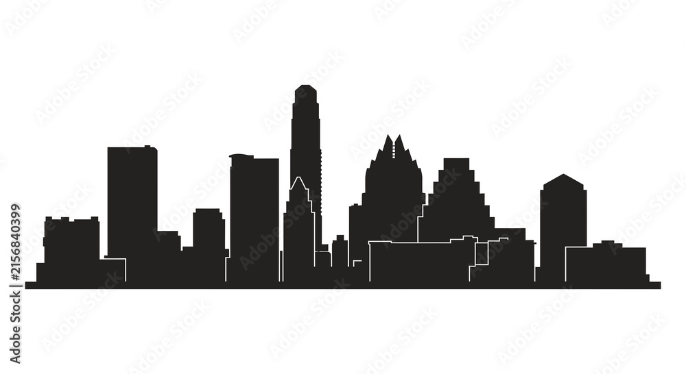Fototapeta premium Black silhouette of the Austin, Texas city skyline featuring the Frost Bank Tower, The Independent, and downtown skyscrapers, isolated on a white background vector graphic.