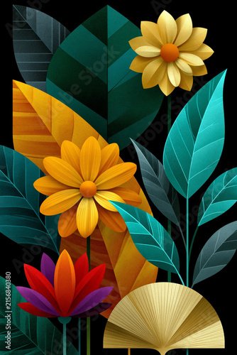 Illustration, layered botanical elements growing together in harmony, representing collective growth and support, sophisticated editorial style., highlighting the exquisite textures and vivid