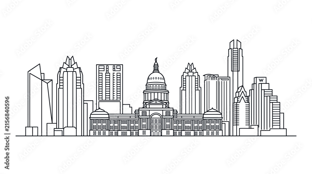 Fototapeta premium Minimalist black and white line art illustration of the Austin Texas city skyline featuring the Texas State Capitol building and downtown skyscrapers on a white background.
