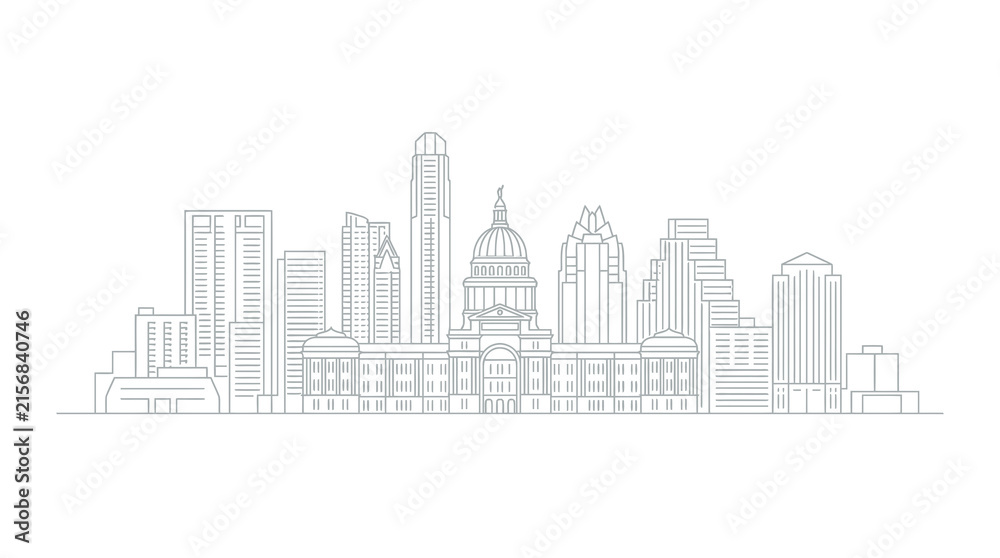 Fototapeta premium Austin Texas City Skyline Line Art Illustration Featuring the Texas State Capitol Building and Downtown Skyscrapers in a Minimalist Stylized Vector Outline Design.
