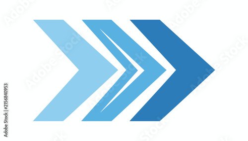Three dynamic forward pointing chevron arrows styled in gradient shades from light blue to dark blue on a plain white background.