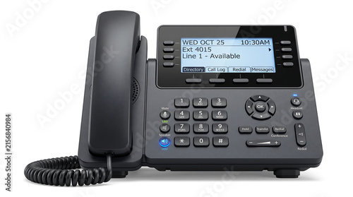 Modern black digital IP telephone office desk hardware device isolated on white background