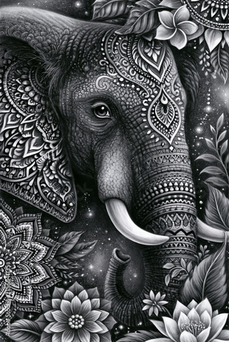 Mandala animal coloring page, elegant elephant with highly detailed decorative patterns and floral mandala elements, monochrome coloring book illustration., showcasing incredible natural beauty and
