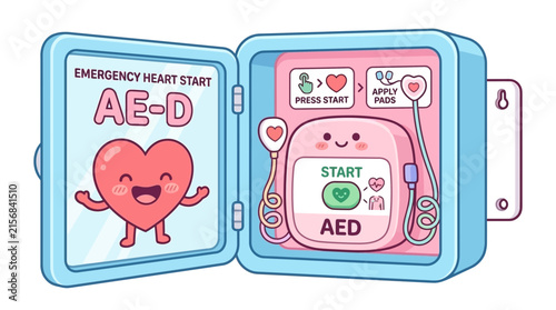 Automated external defibrillator in wall cabinet with happy character