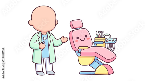 Dentist with friendly smiling dental chair and tools
