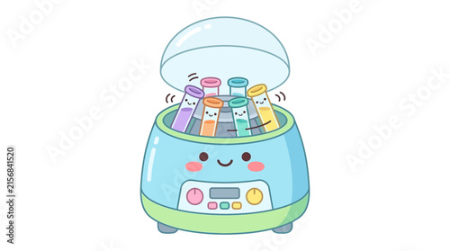 Laboratory centrifuge with colorful test tubes and smiling face