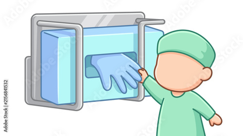 Surgeon reaching for disposable gloves from wall dispenser