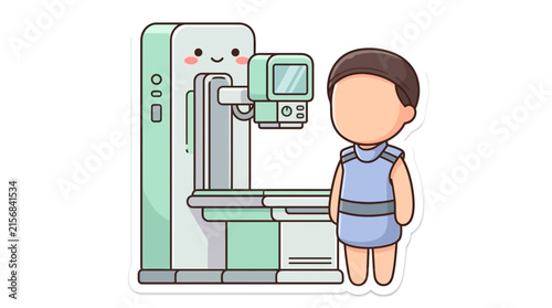Patient standing next to a friendly medical imaging machine