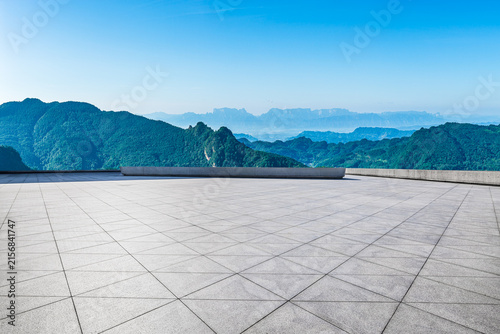 Empty plaza overlooking the panoramic forest mountain landscape in Zhangjiajie, China