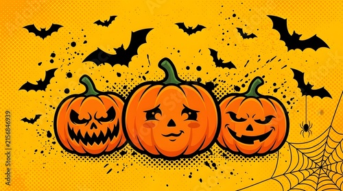 Three carved jack o lanterns with flying bats on a vibrant orange halloween background