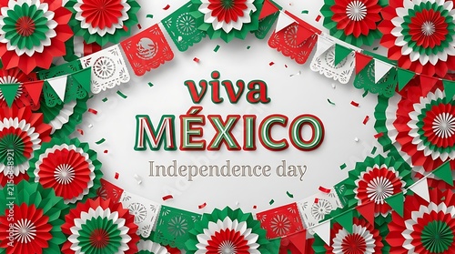 Viva mexico independence day celebration background with paper fans and festive bunting isolated on white background