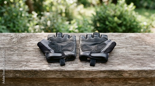Pair of black cycling gloves resting on a wooden surface outdoors.