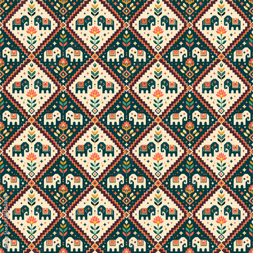 Traditional Indian Patola Geometric Floral Seamless Pattern Background