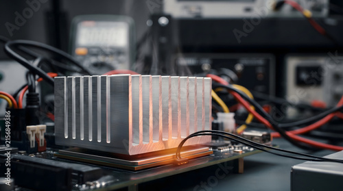 Aluminum heat sink cooler mounted on a mainboard processor during electronic testing in lab.