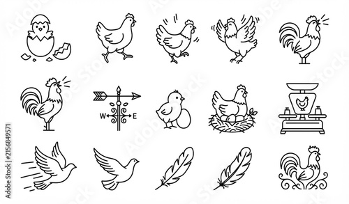 Chicken bird decoration animation line icons hatching nest weathercock vector set