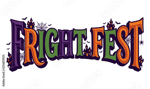 Fright Fest Halloween text design with spooky haunted house and spider web elements