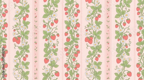 Vintage strawberry seamless pattern with floral blossom, fruit, and leaf background. Vintage vector illustration for textile fabric wallpaper.