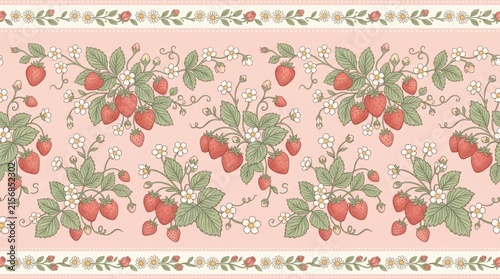 Vintage strawberry seamless pattern with floral blossom, fruit, and leaf background. Vintage vector illustration for textile fabric wallpaper.