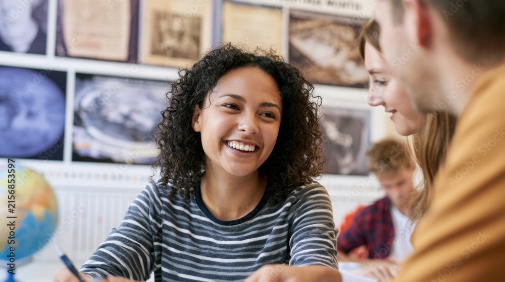 Obraz premium Happy students collaborating in a classroom with educational posters and a globe,National Native American Heritage Month