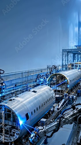 Industrial robots assemble aircraft fuselage modules, smart automation concept for aerospace production and engineering