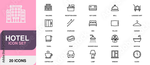 Hotel icons collection with building bed and amenities for hospitality services