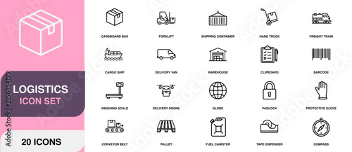 Logistics icon set with delivery and transport symbols on white background