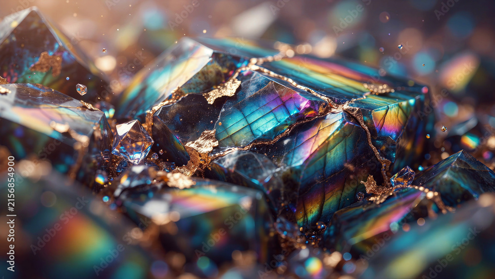 Fototapeta premium Macro Close Up View of Iridescent Crystalline Structures Featuring Shimmering Prismatic Light Reflections and Luxurious Gold Vein Accents