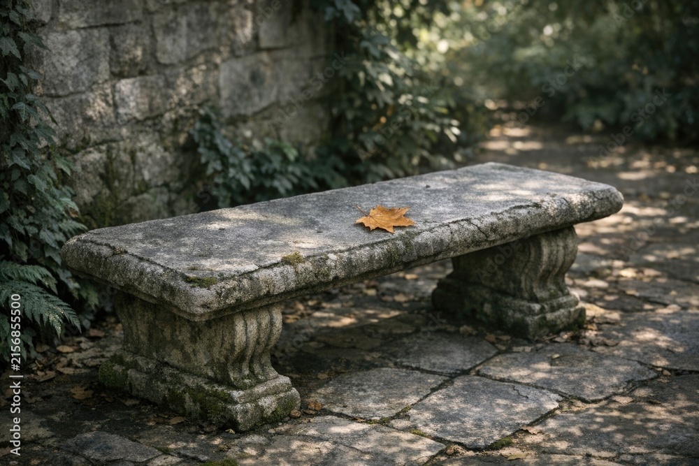 Fototapeta premium A simple stone bench with a single leaf on top, ideal for using in illustrations or as a decorative element