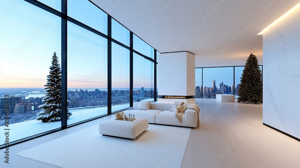 Fototapeta premium Modern penthouse living room with Christmas tree and city skyline view at dusk
