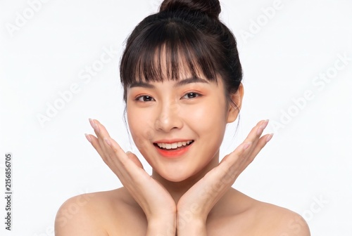 Beautiful Asian Woman Smiling with Hands Near Face