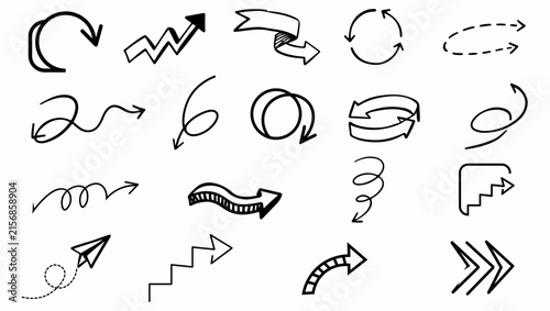 Set of black hand drawn grunge doodle spiral and curved charcoal, chalk arrows on white background.