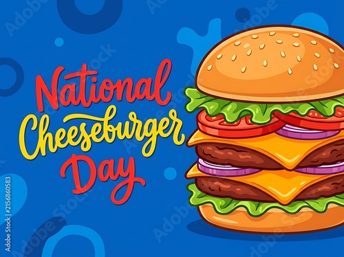 National cheeseburger day celebration graphic with a delicious double patty burger illustration on a blue background with abstract shapes