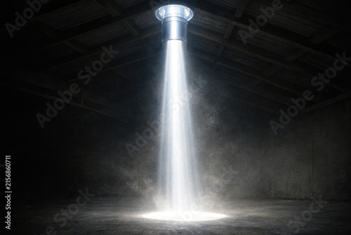 A single beam of light shines down from the ceiling, illuminating a darkened space