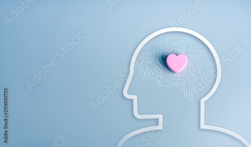 Emotional AI concept with digital brain and heart symbol. Artificial intelligence, AI empathy, human-centered, mental health support, psychology, compassionate technology, and ethical innovation.